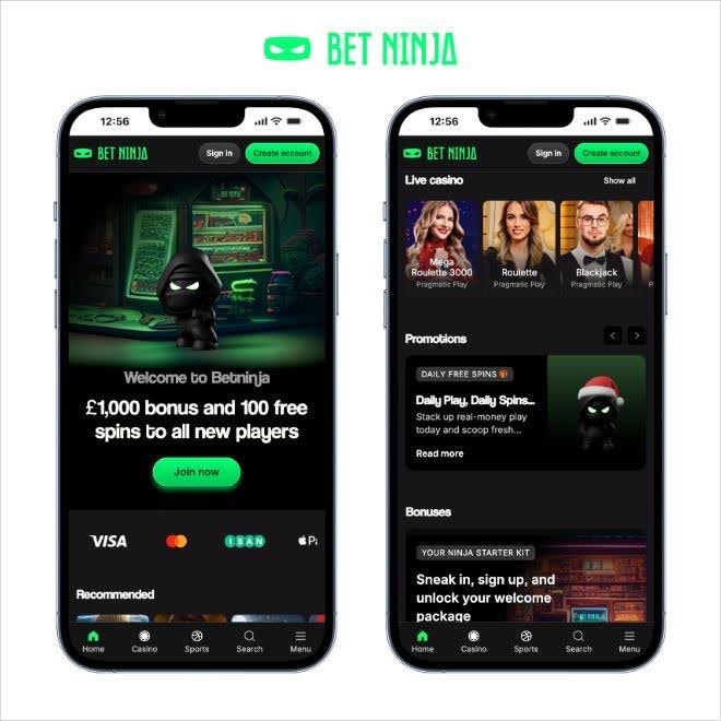 Betninja online casino homepage with mobile-optimised layout, slot games, and browser-based gameplay